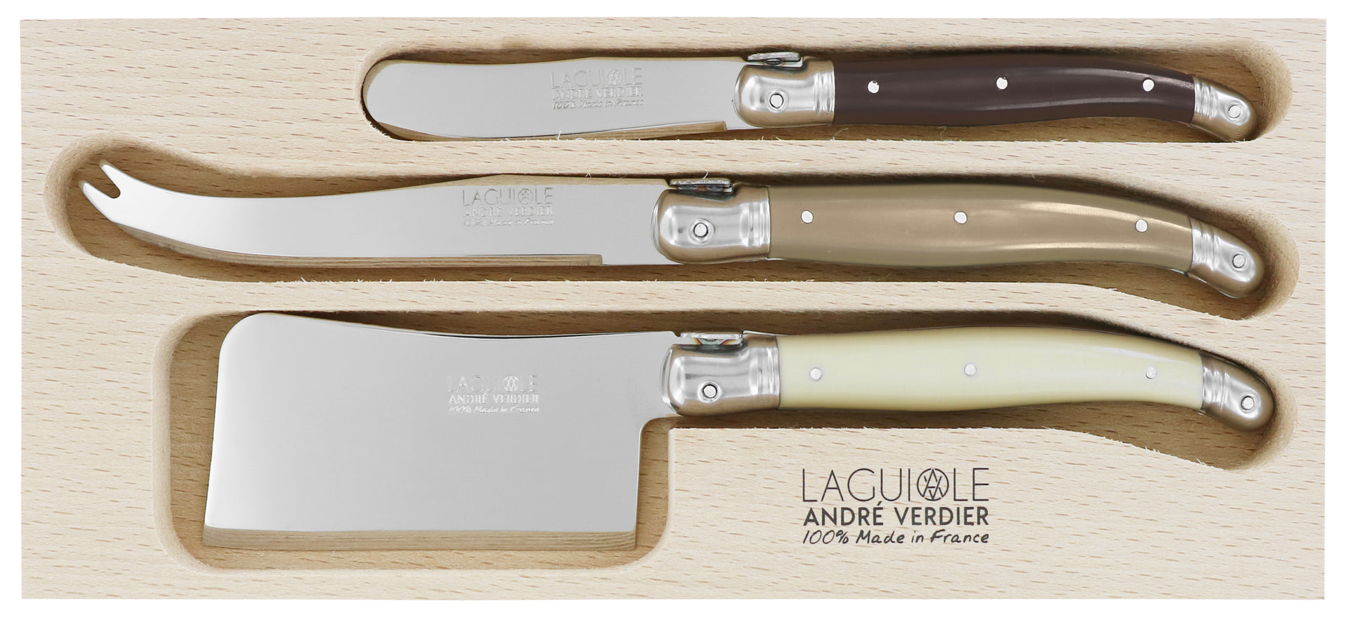 Andre Verdier Laguiole DEBUTANT OMNICOLOUR Mixed (CHOC SERIES) Cheese Knife Set 3 Piece 23602 - Hospitality Connect