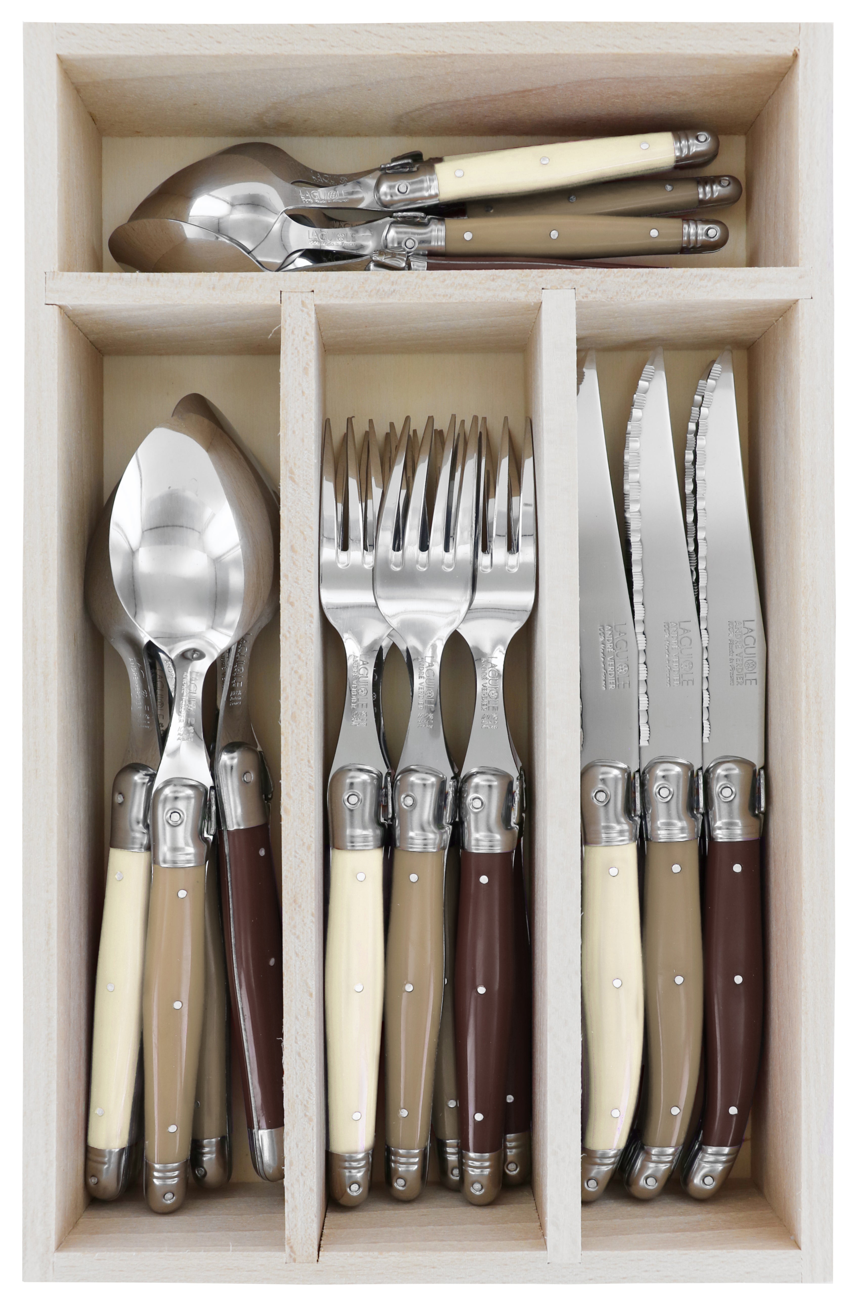 Andre Verdier  Laguiole DEBUTANT OMNICOLOUR Mixed (CHOC SERIES) Cutlery Set 24 Piece in Tray 23604