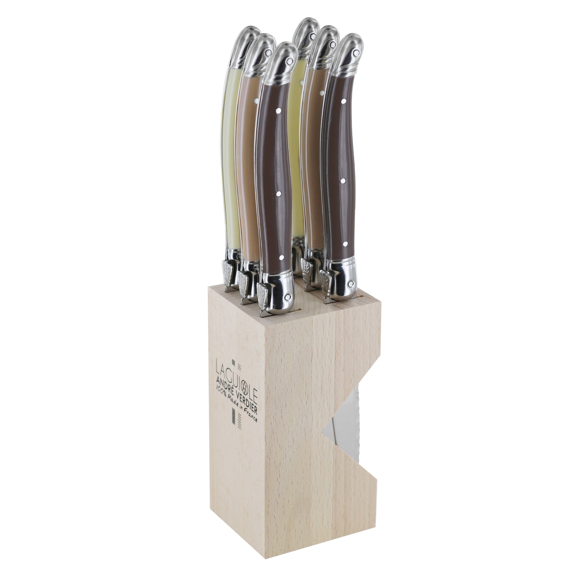 Andre Verdier Laguiole DEBUTANT OMNICOLOUR Mixed (CHOC SERIES) Steak Knife Set 6 Piece in Block 23606 - Hospitality Connect