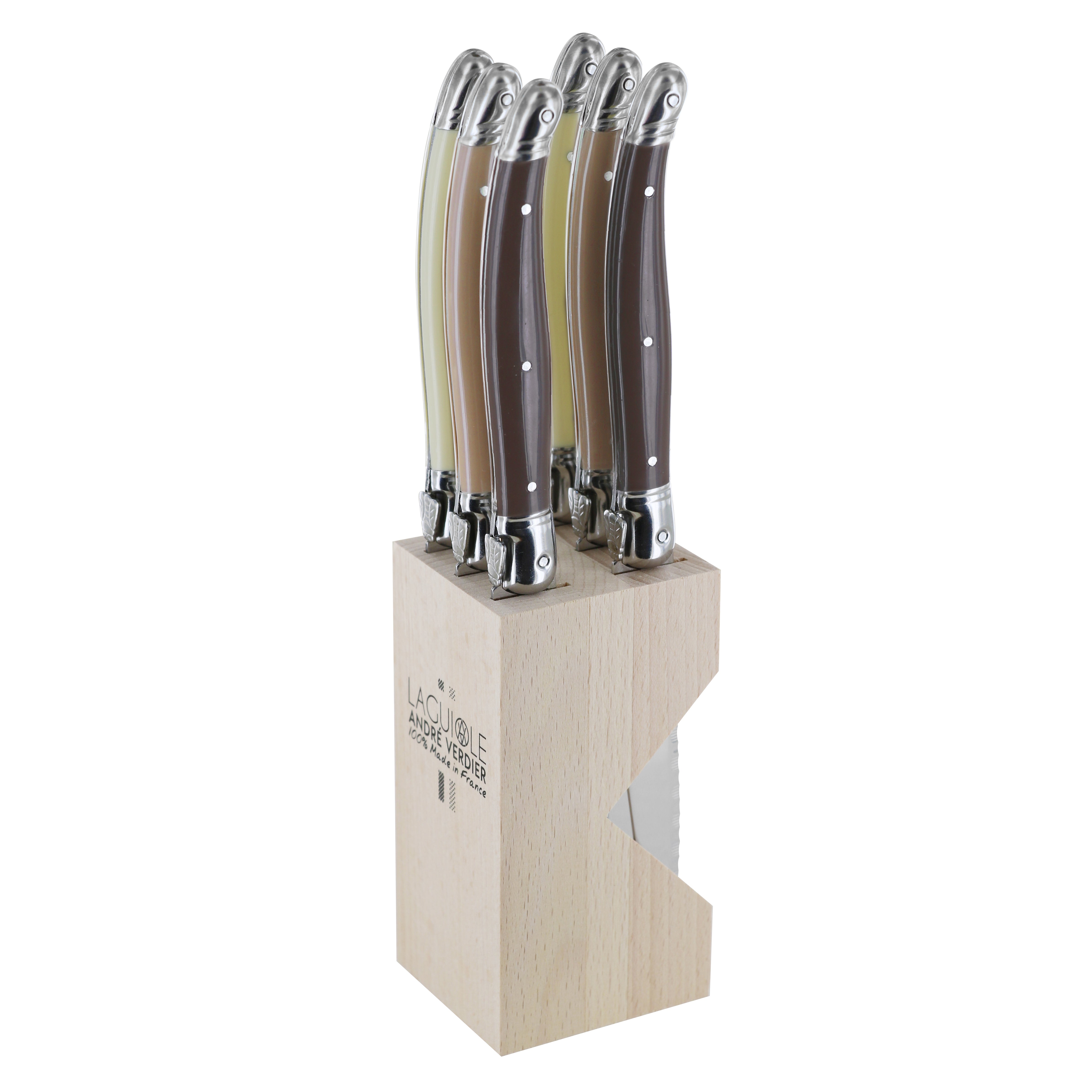 Andre Verdier Laguiole DEBUTANT OMNICOLOUR Mixed (CHOC SERIES) Steak Knife Set 6 Piece in Block 23606