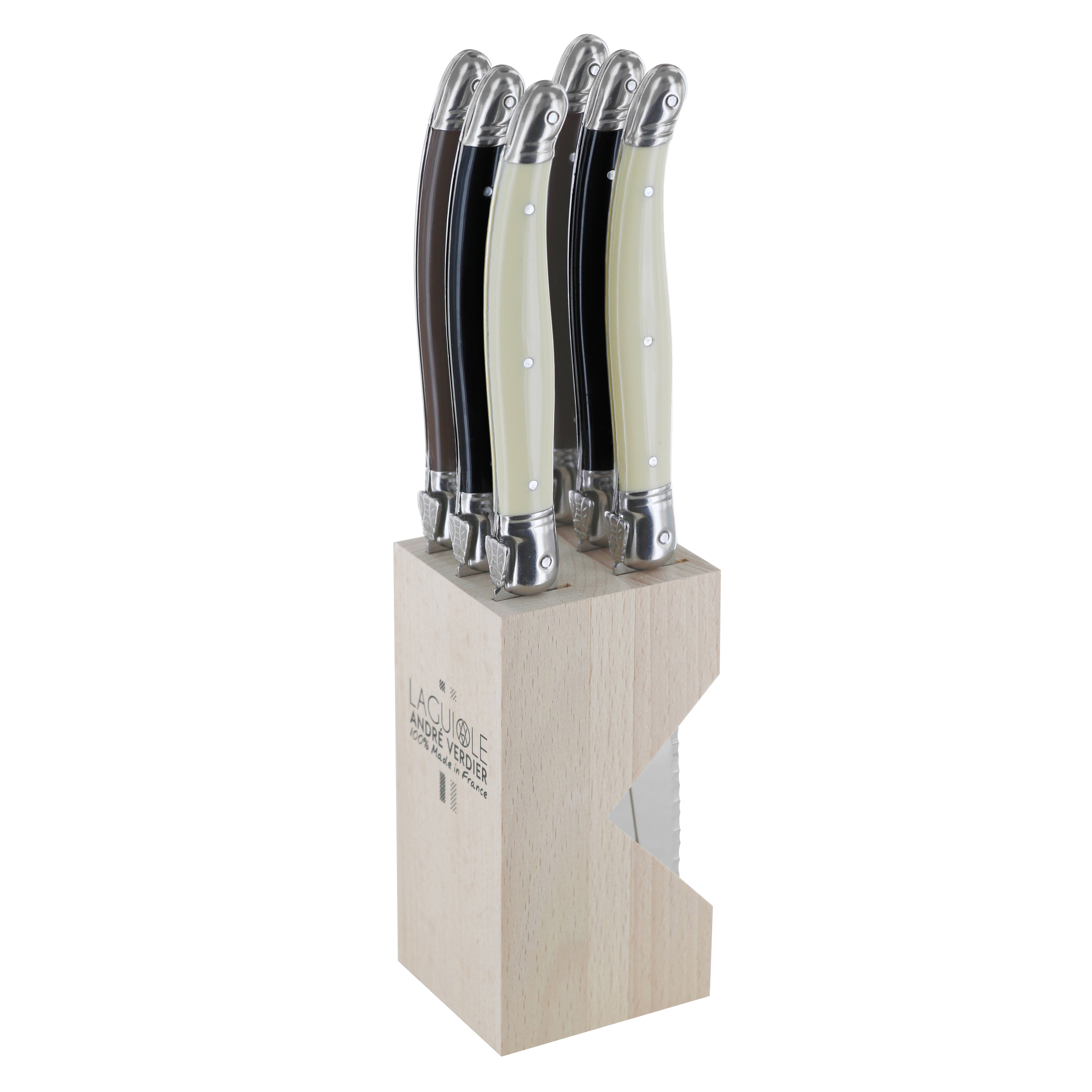 Andre Verdier Laguiole DEBUTANT OMNICOLOUR Mixed (CHOC SERIES) Steak Knife Set 6 Piece in Block 23607