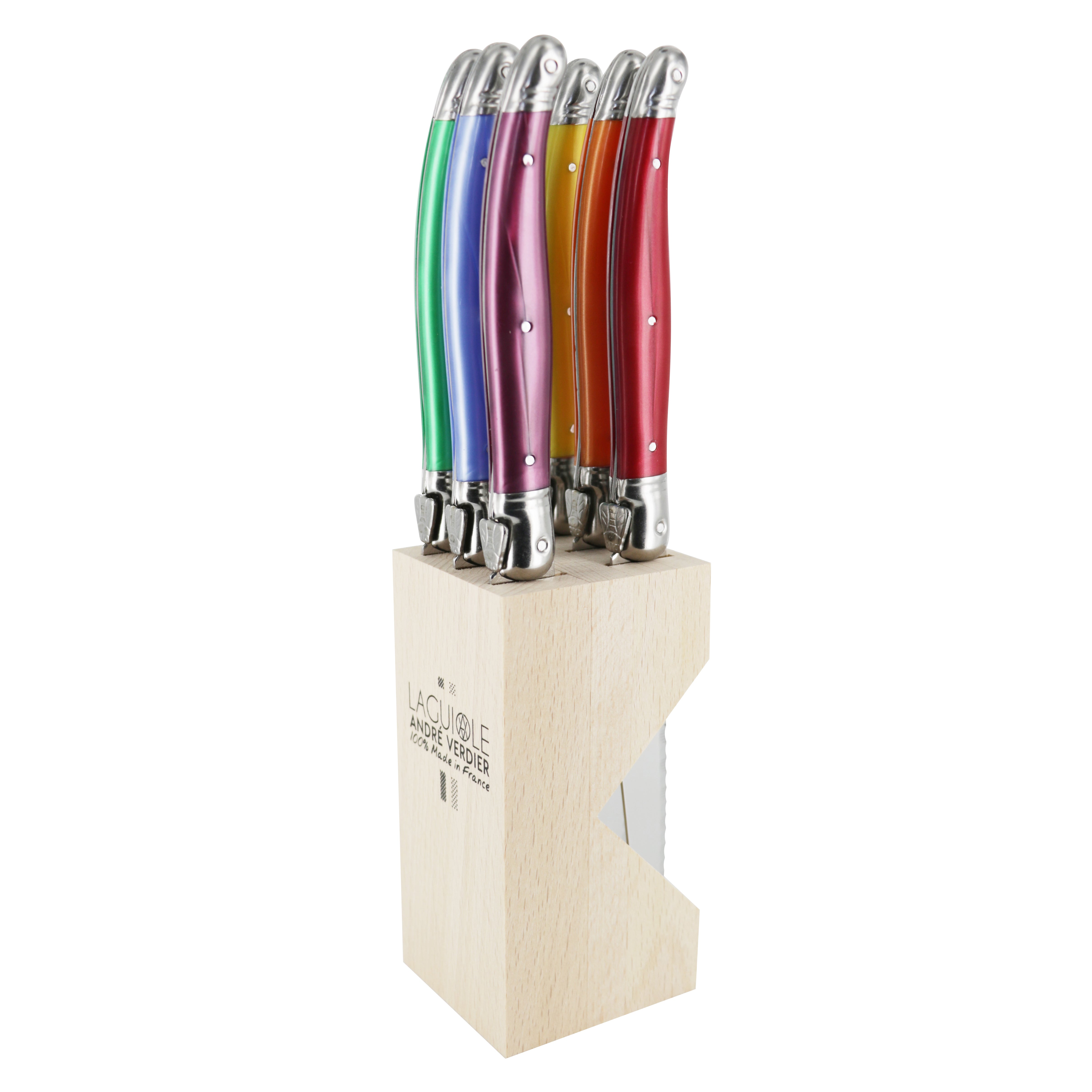 Andre Verdier Laguiole DEBUTANT OMNICOLOUR Mixed (FLORAISON SERIES) Steak Knife Set 6 Piece in Block 23608