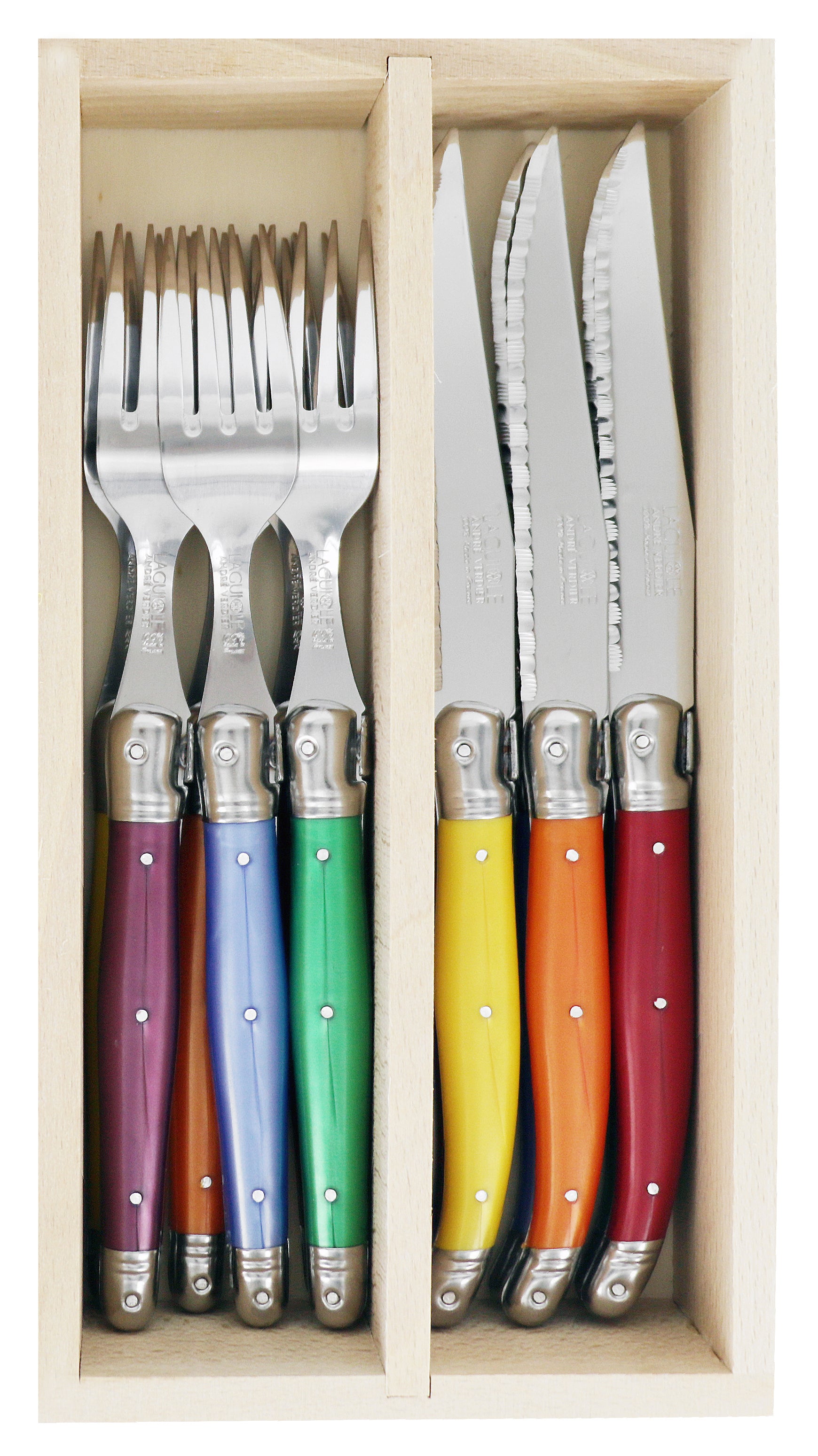 Andre Verdier Laguiole DEBUTANT OMNICOLOUR Mixed (FLORAISON SERIES) Cutlery Set 12 Piece in Tray 23609