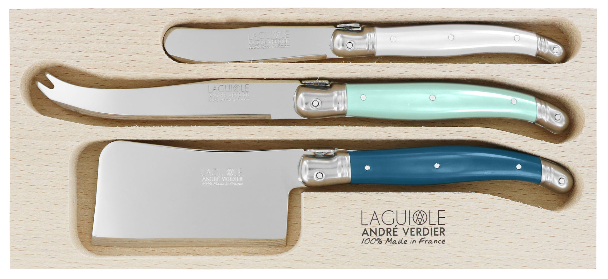 Andre Verdier Laguiole DEBUTANT OMNICOLOUR Mixed (ST TROPEZ SERIES) Cheese Knife Set 3 Piece 23612 - Hospitality Connect