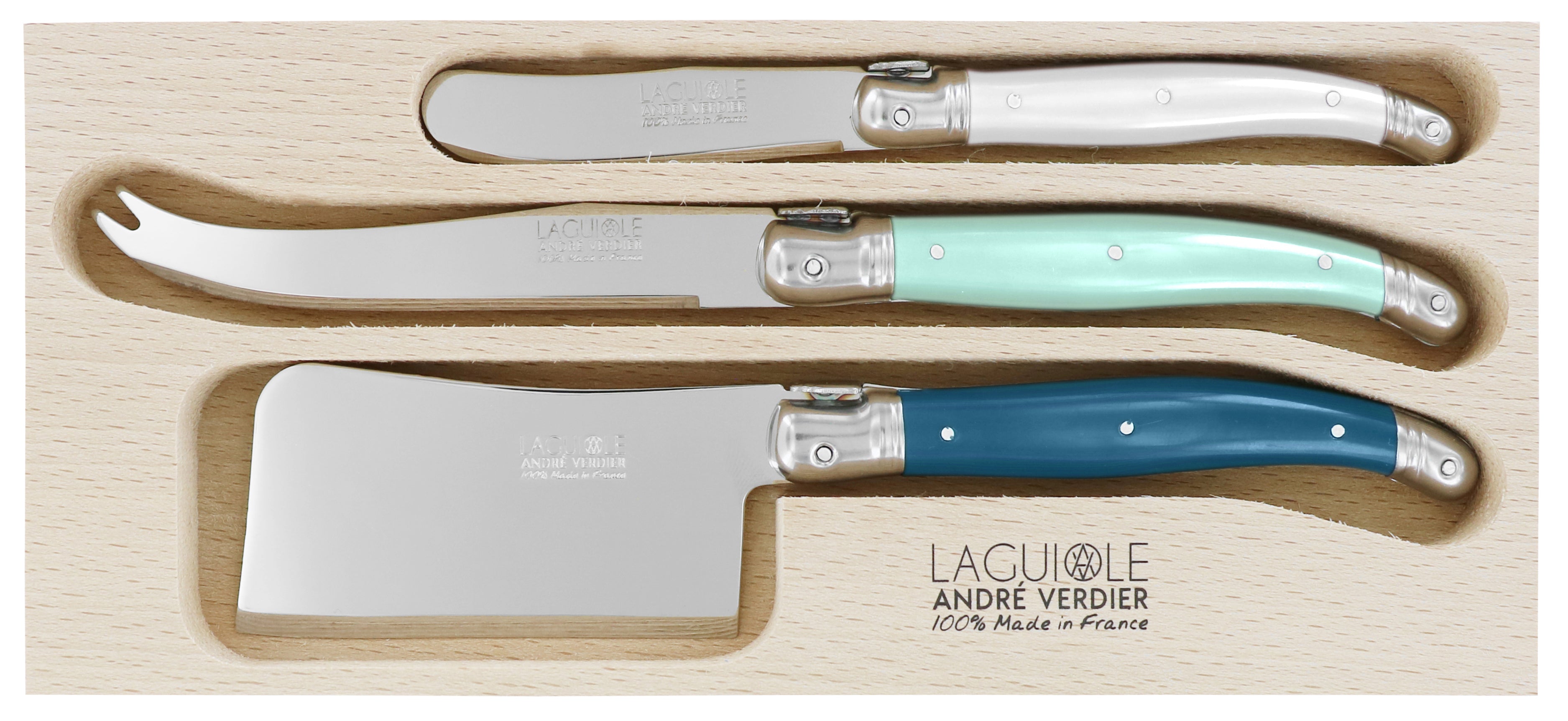 Andre Verdier Laguiole DEBUTANT OMNICOLOUR Mixed (ST TROPEZ SERIES) Cheese Knife Set 3 Piece 23612