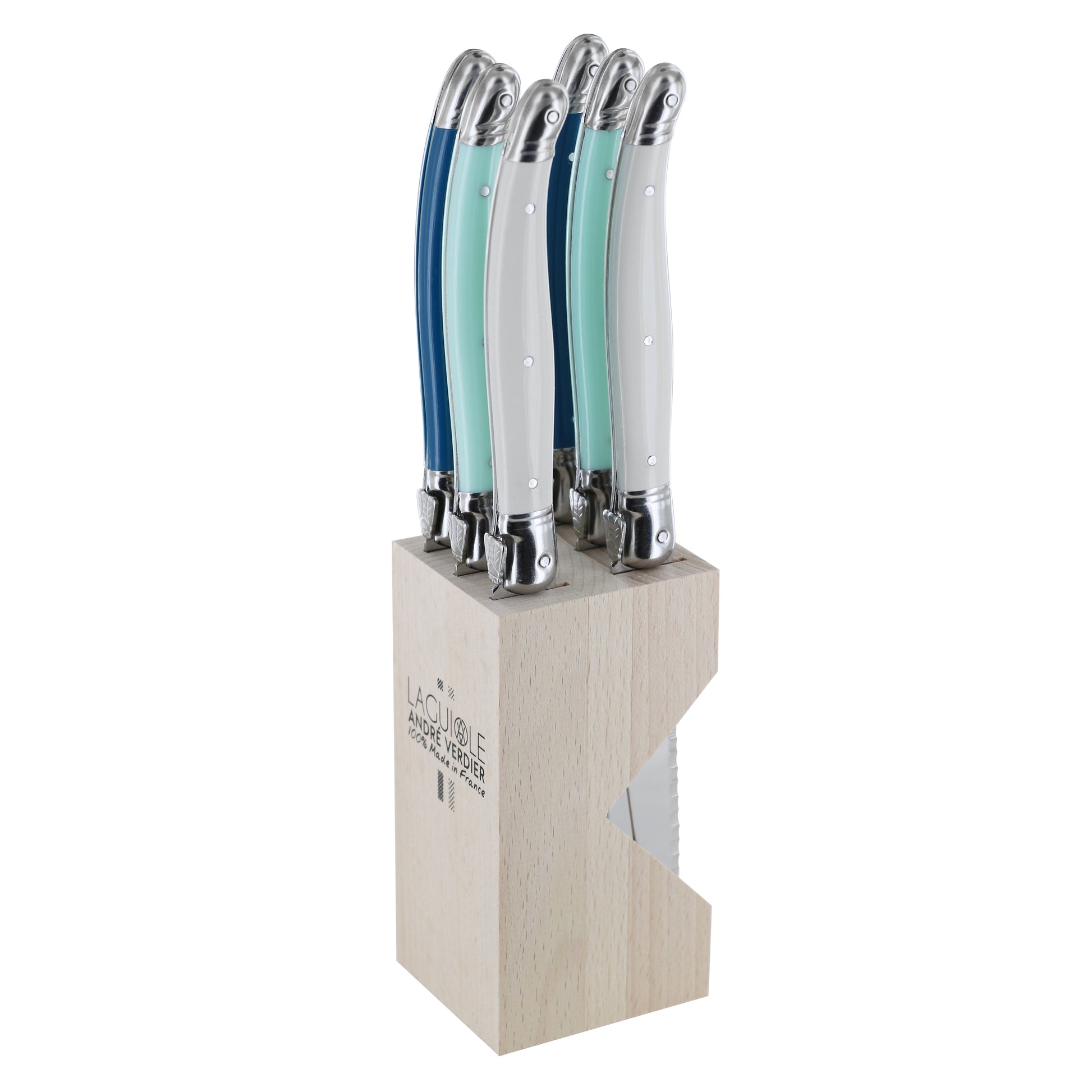 Andre Verdier Laguiole DEBUTANT OMNICOLOUR Mixed (ST TROPEZ SERIES) Steak Knife Set 6 Piece in Block 23616 - Hospitality Connect