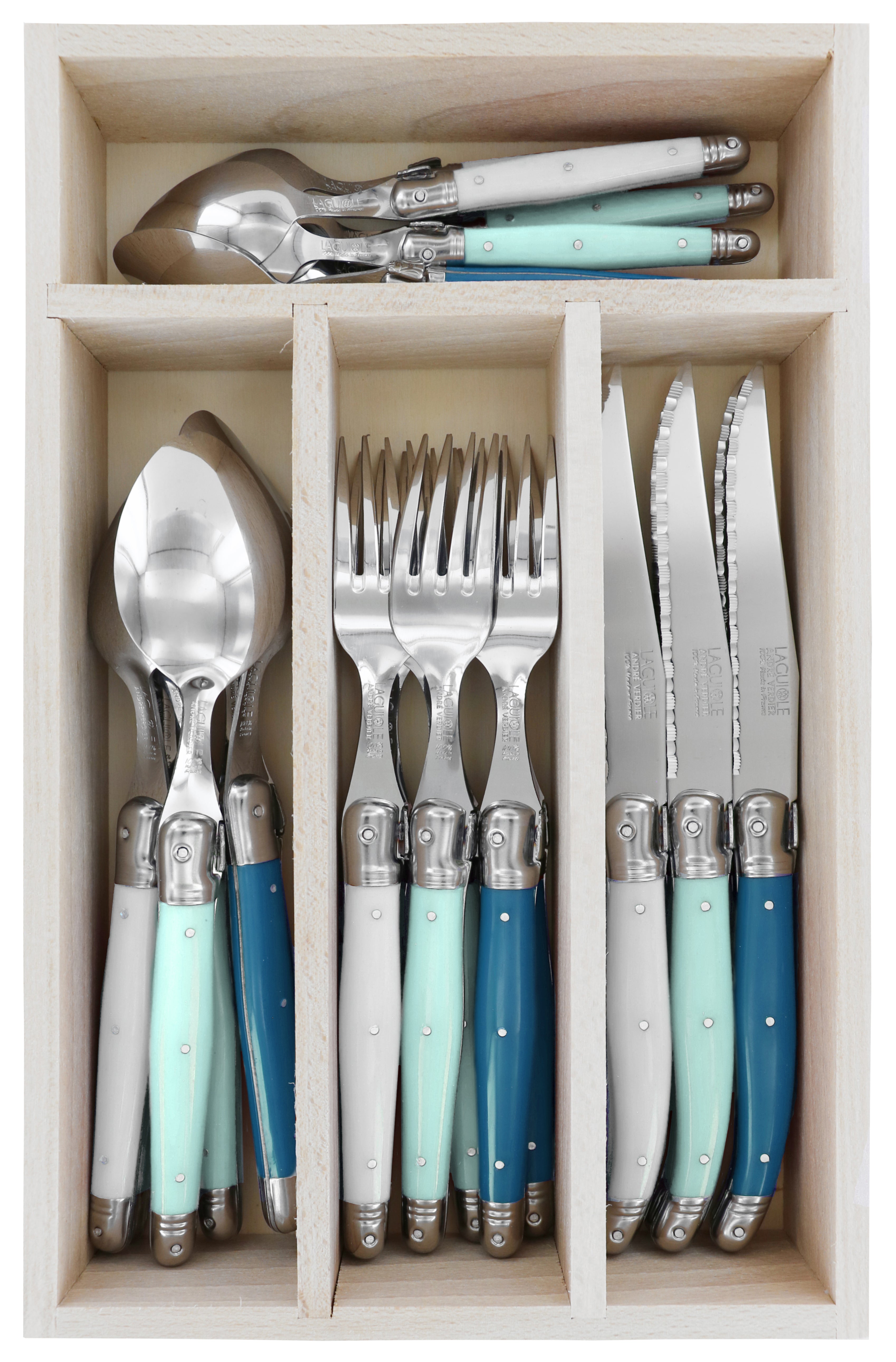 Andre Verdier Laguiole DEBUTANT OMNICOLOUR Mixed (ST TROPEZ SERIES) Cutlery Set 24 Piece in Tray 23618
