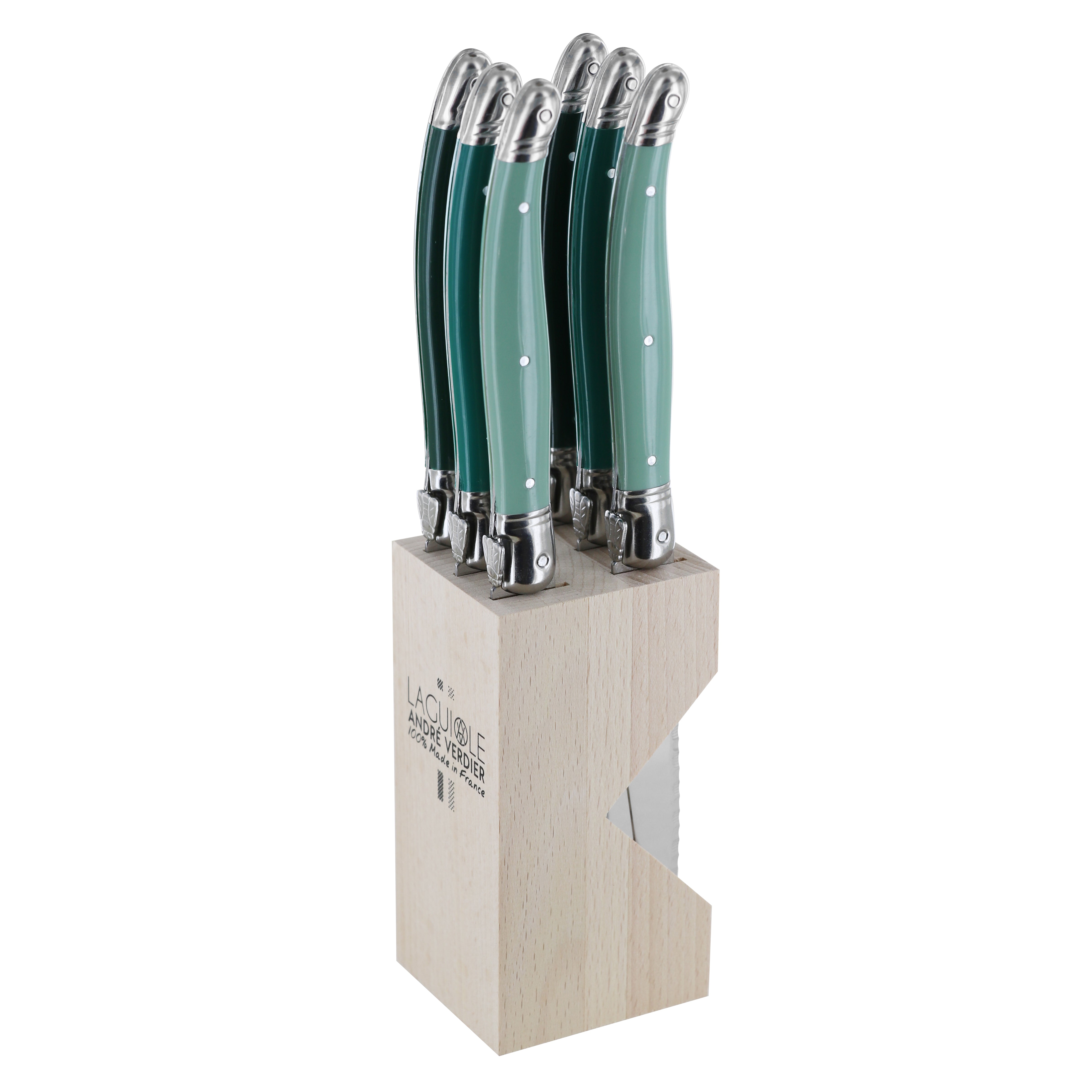 Andre Verdier Laguiole DEBUTANT OMNICOLOUR Mixed (FOREST SERIES) Steak Knife Set 6 Piece in Block 23624