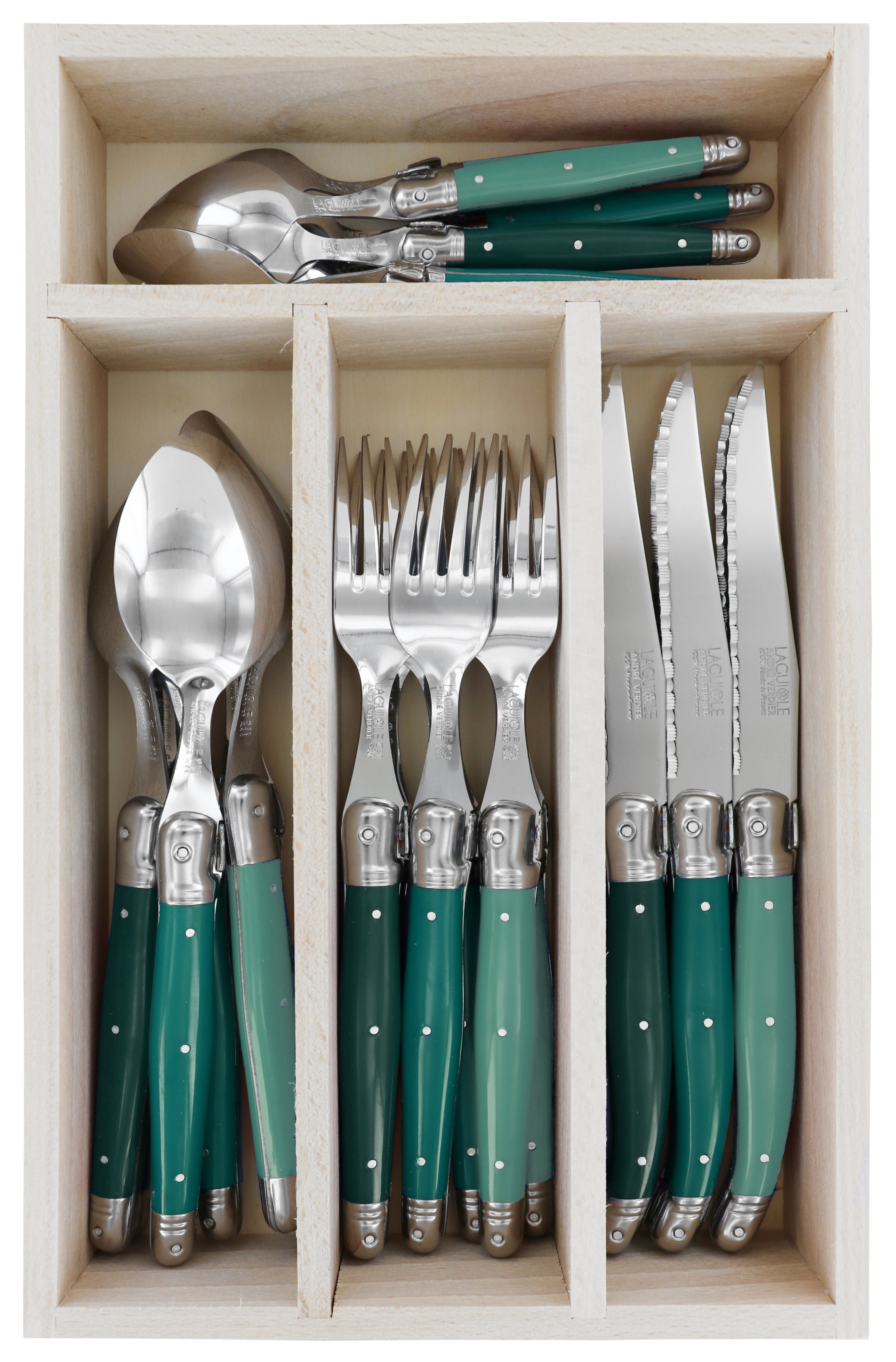 Andre Verdier Laguiole DEBUTANT OMNICOLOUR Mixed (FOREST SERIES) Cutlery Set 24 Piece in Tray 23626