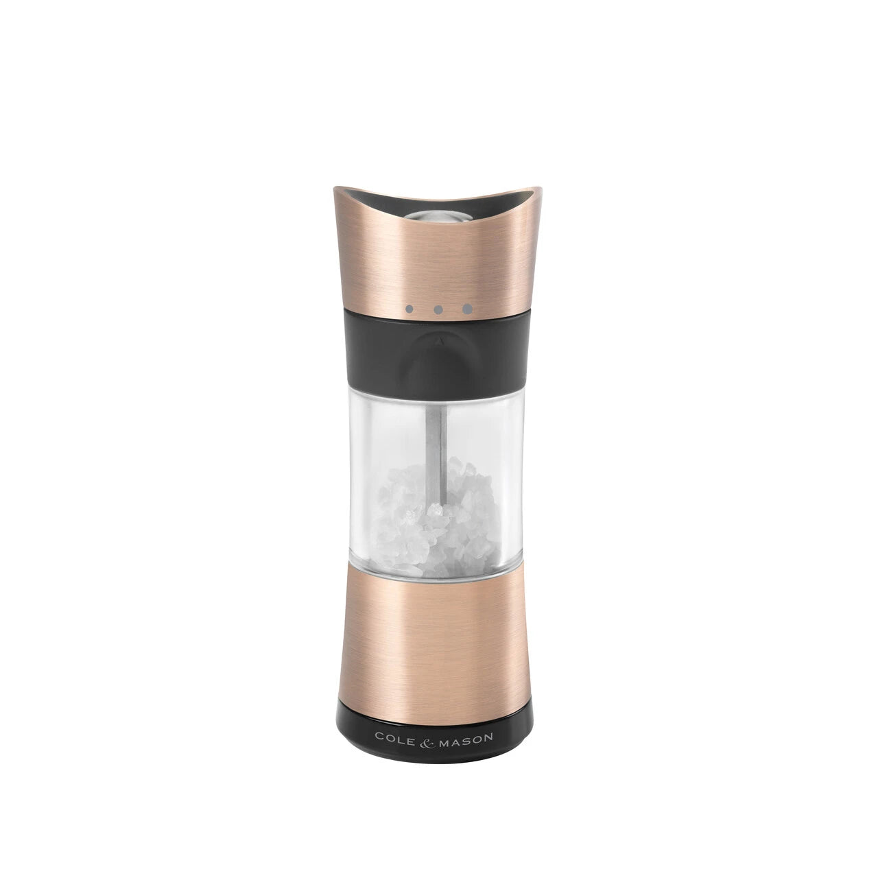 Cole & Mason Inverta Horsham copper salt and pepper shakers set with sleek, modern design and textured copper finish.