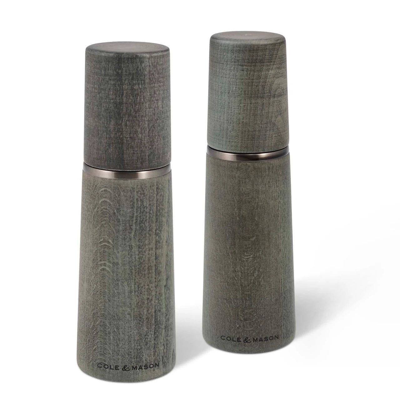 Cole & Mason Marlow Mills salt and pepper shakers set with clear glass bodies and stainless steel tops.