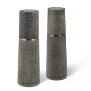 Cole & Mason Marlow Mills salt and pepper shakers set with clear glass bodies and stainless steel tops.