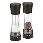 Cole & Mason Derwent Mills black wood and gunmetal salt and pepper shakers gift set on a white surface.