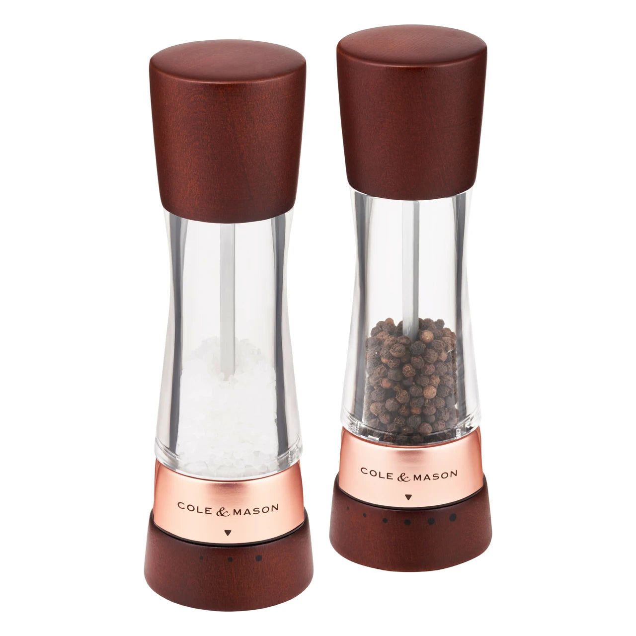 Cole & Mason RDerwent Rose Gold Chestnut salt and pepper shakers set with elegant gold finish and decorative design.