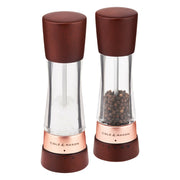 Cole & Mason RDerwent Rose Gold Chestnut salt and pepper shakers set with elegant gold finish and decorative design.