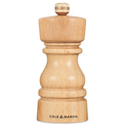 Cole & Mason London 130mm Nat Beech Salt & Pepper Shakers set with wooden finish and stainless steel accents on a white background.