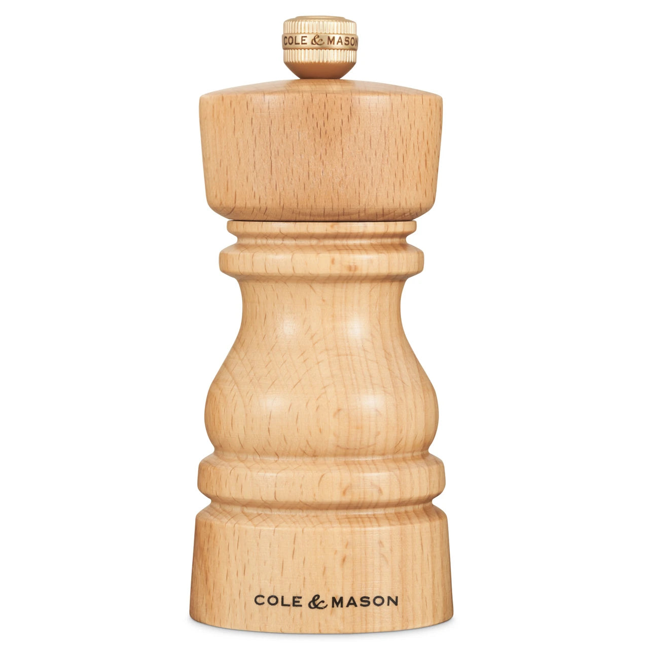Cole & Mason London 130mm Nat Beech Salt & Pepper Shakers set with wooden finish and stainless steel accents on a white background.