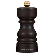 Cole & Mason London 130mm chocolate wood salt and pepper shakers set with stainless steel accents.