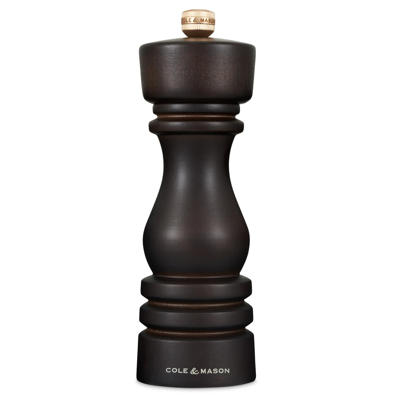 Cole & Mason London Chocolate Wood salt mill, 18cm, with a sleek design and textured chocolate wood finish.