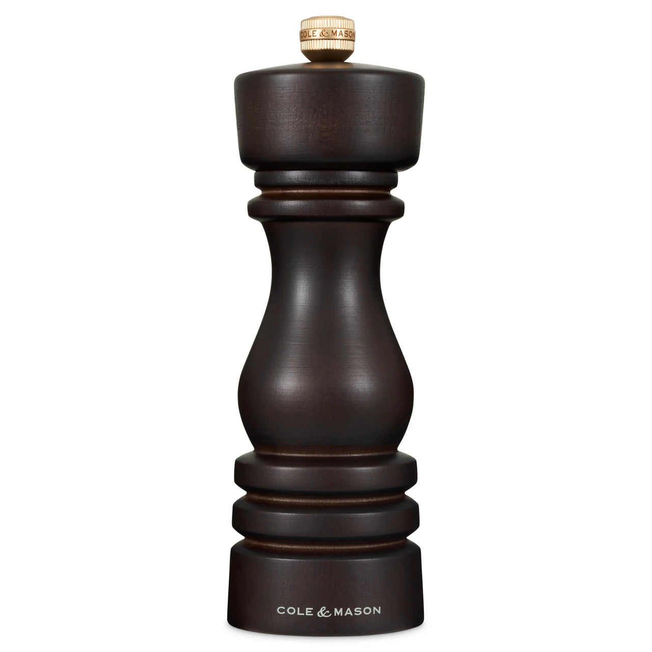 Cole & Mason London chocolate wood pepper mill and salt shaker set, 18cm, with a sleek wooden finish and modern design.