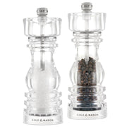 Cole & Mason London acrylic salt and pepper shakers gift set, 18cm tall with clear plastic bodies and stainless steel tops.