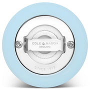 Cole & Mason Kenton 150mm blue salt and pepper shakers, ceramic mills with clear windows and adjustable grind settings.