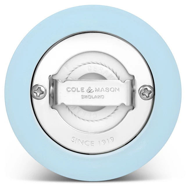 Cole & Mason Kenton 150mm blue salt and pepper shakers, ceramic mills with clear windows and adjustable grind settings.