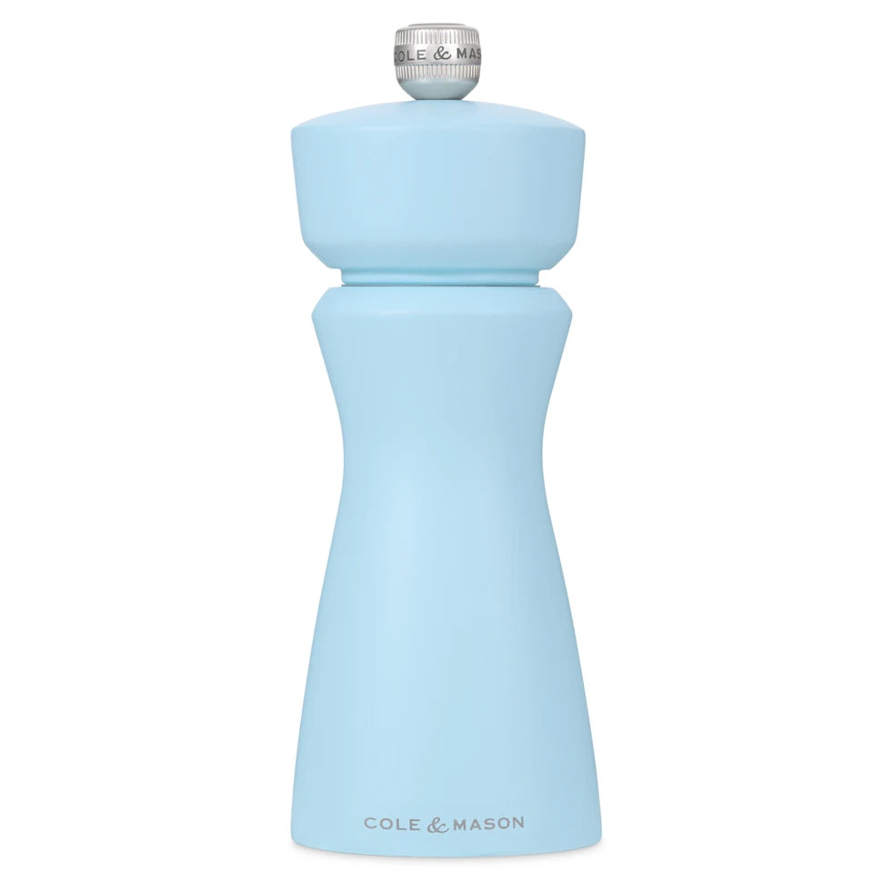 Cole & Mason Kenton blue salt and pepper shakers, 150mm mill with stylish ceramic tops and clear blue body for seasoning.