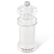 Cole & Mason 605 acrylic salt mill with clear body and adjustable grinding mechanism, designed for seasoning in the kitchen.