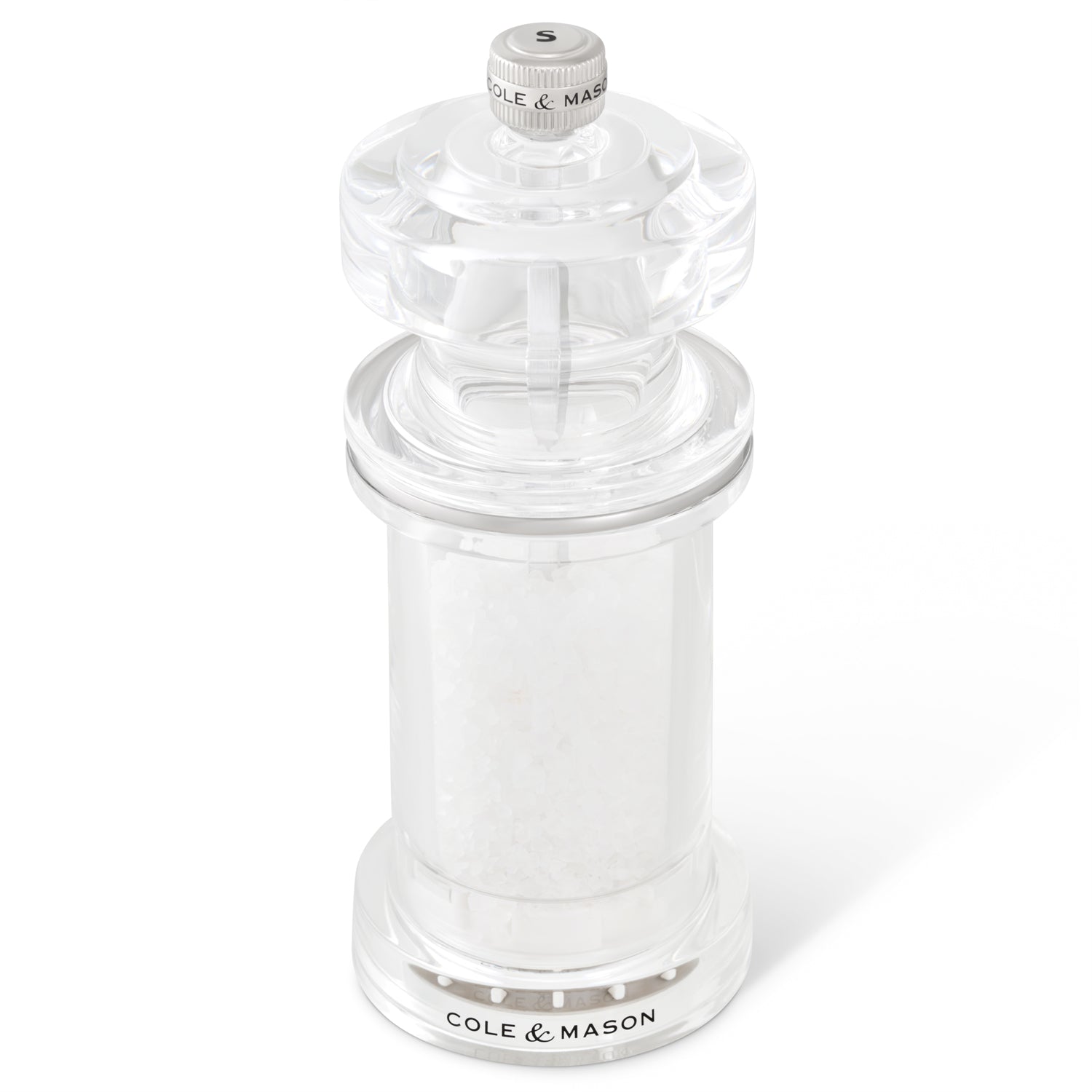 Cole & Mason 605 acrylic salt mill with clear body and adjustable grinding mechanism, designed for seasoning in the kitchen.