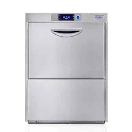 Classeq C500DD double-door undercounter dishwasher with stainless steel exterior and control panel for commercial dishwashing.