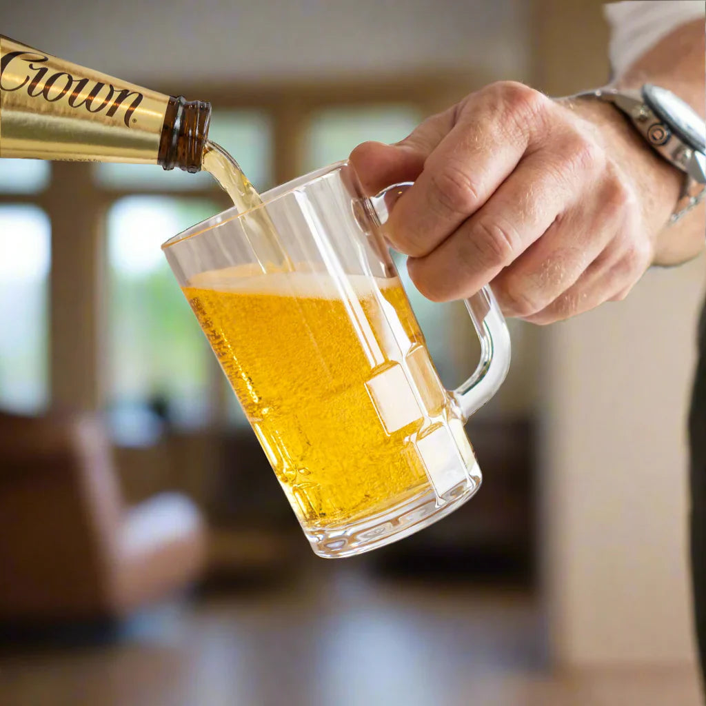 Set of four D-Still unbreakable 405ml beer mugs, clear glassware with sturdy handles, ideal for durable drinkware.