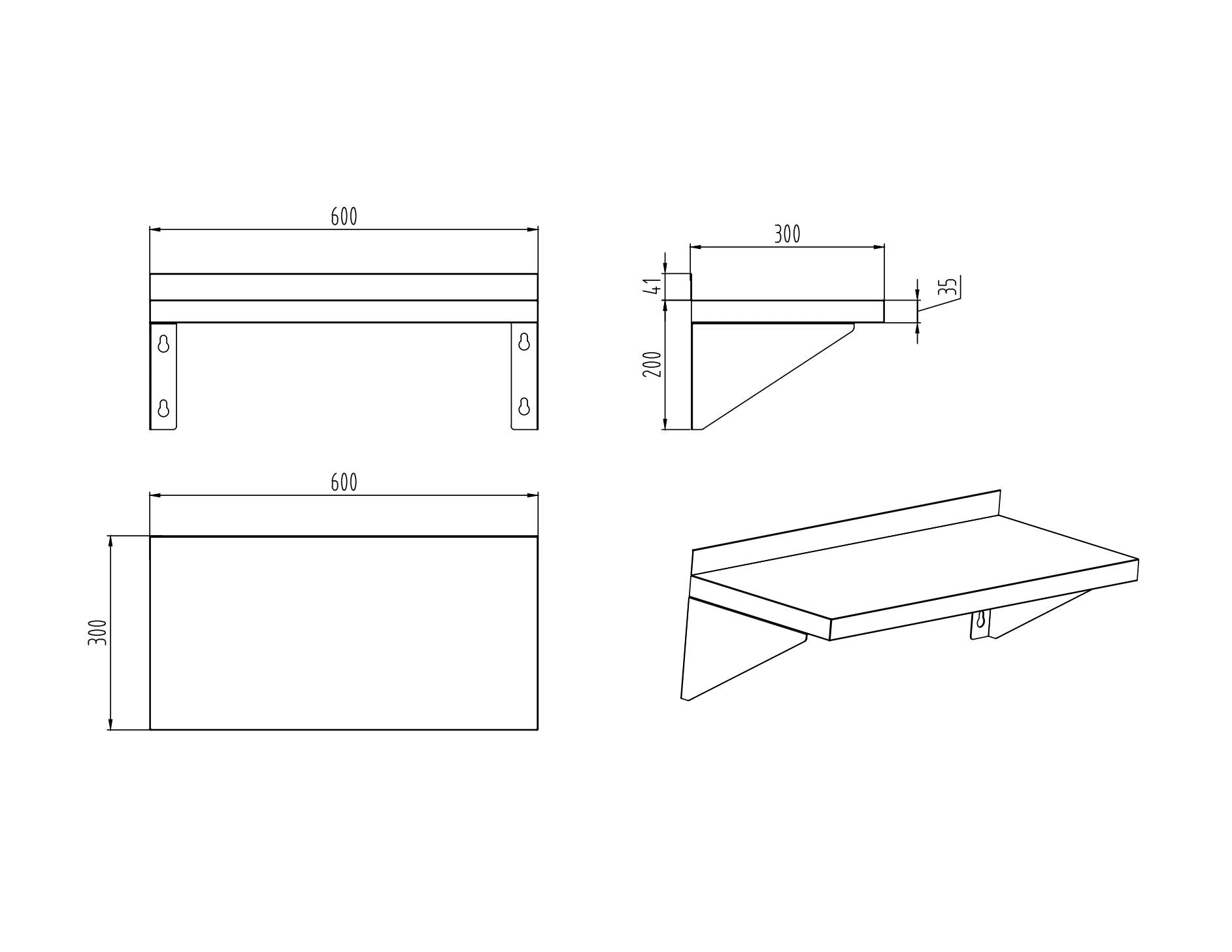 KitchenKnock Single Wall Shelf - flat Plate - AFF - 600×300×200mm 620348 - Hospitality Connect