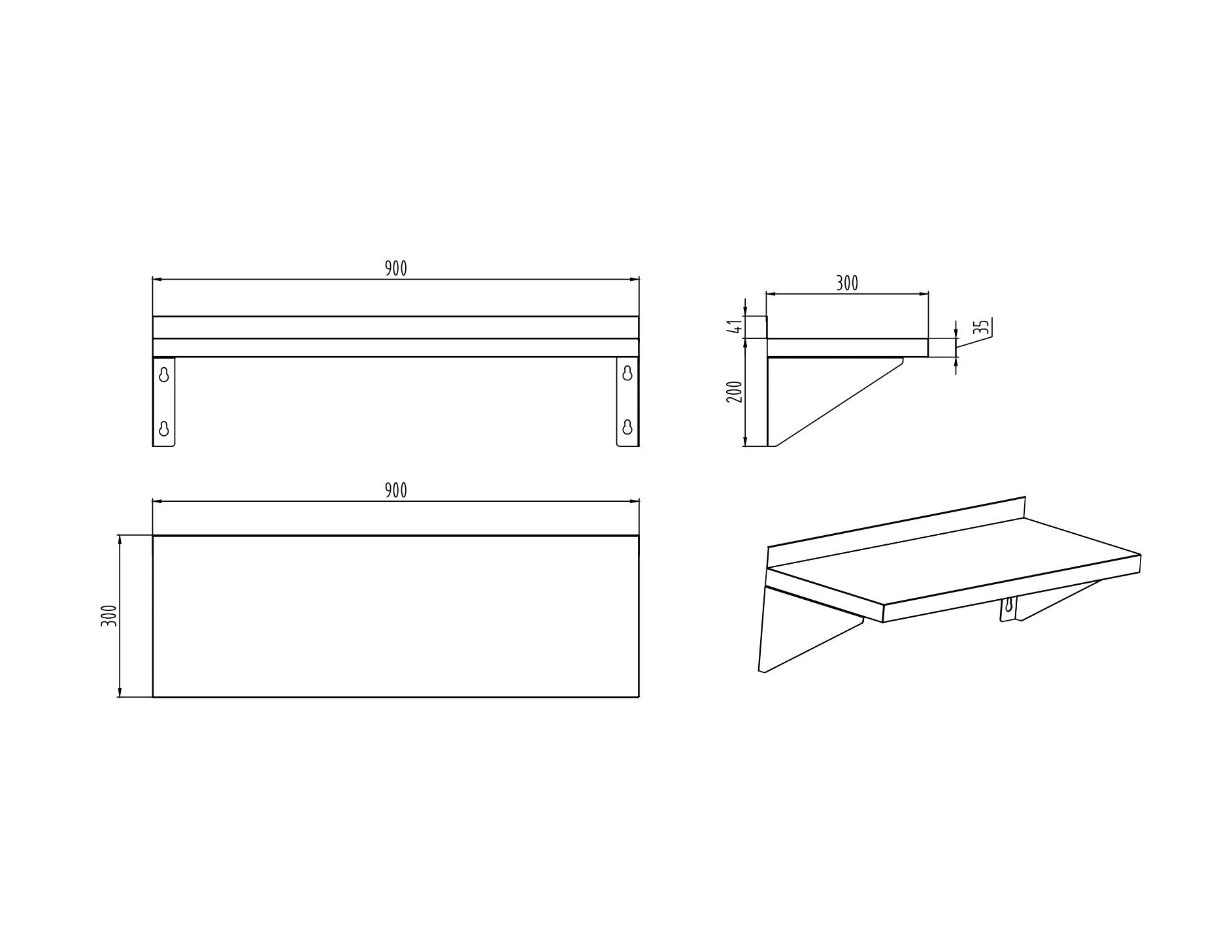 KitchenKnock Single Wall Shelf - flat Plate - AFF - 900×300×200mm 415888 - Hospitality Connect