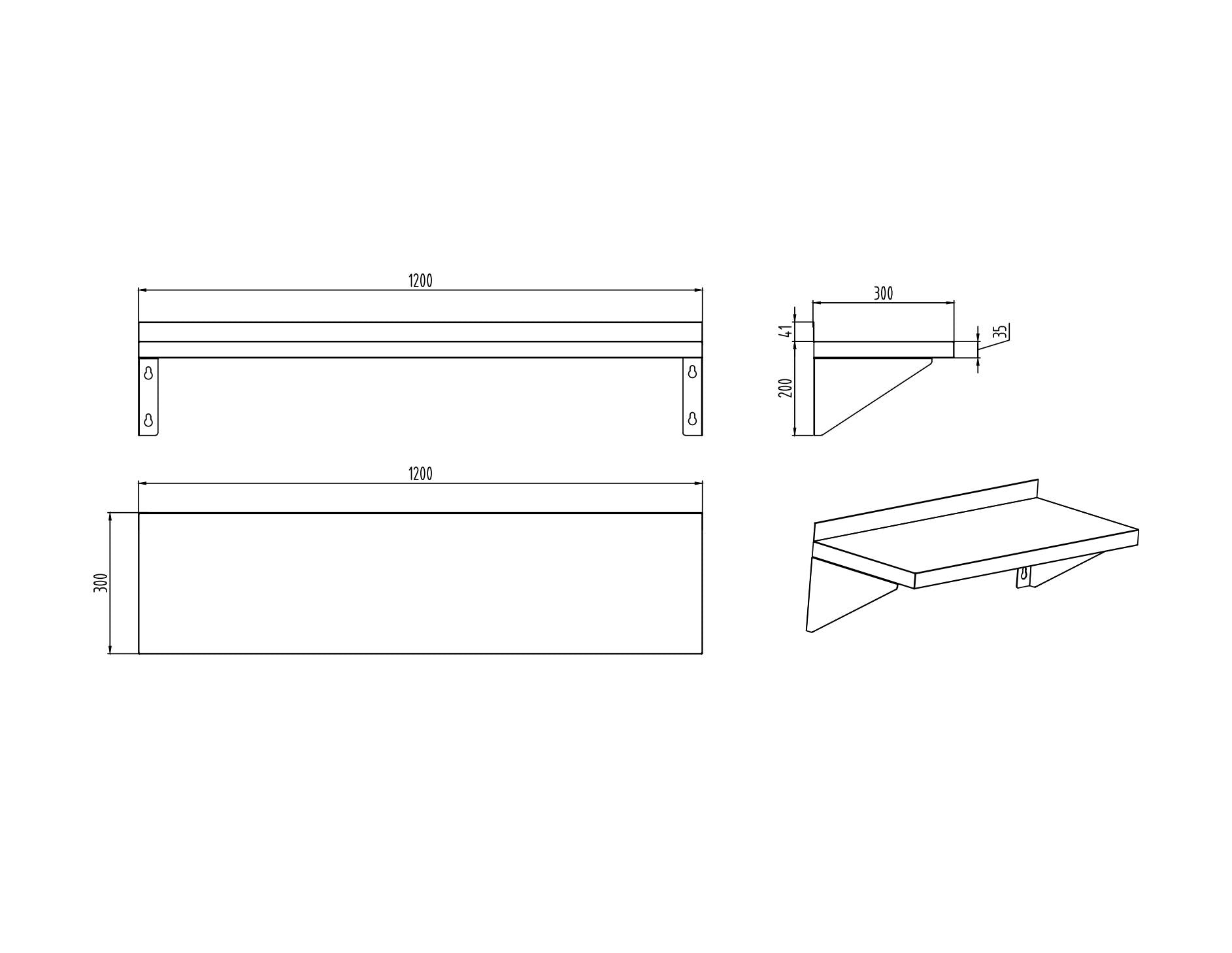 KitchenKnock Single Wall Shelf - flat Plate - AFF - 1200×300×200mm 415889 - Hospitality Connect