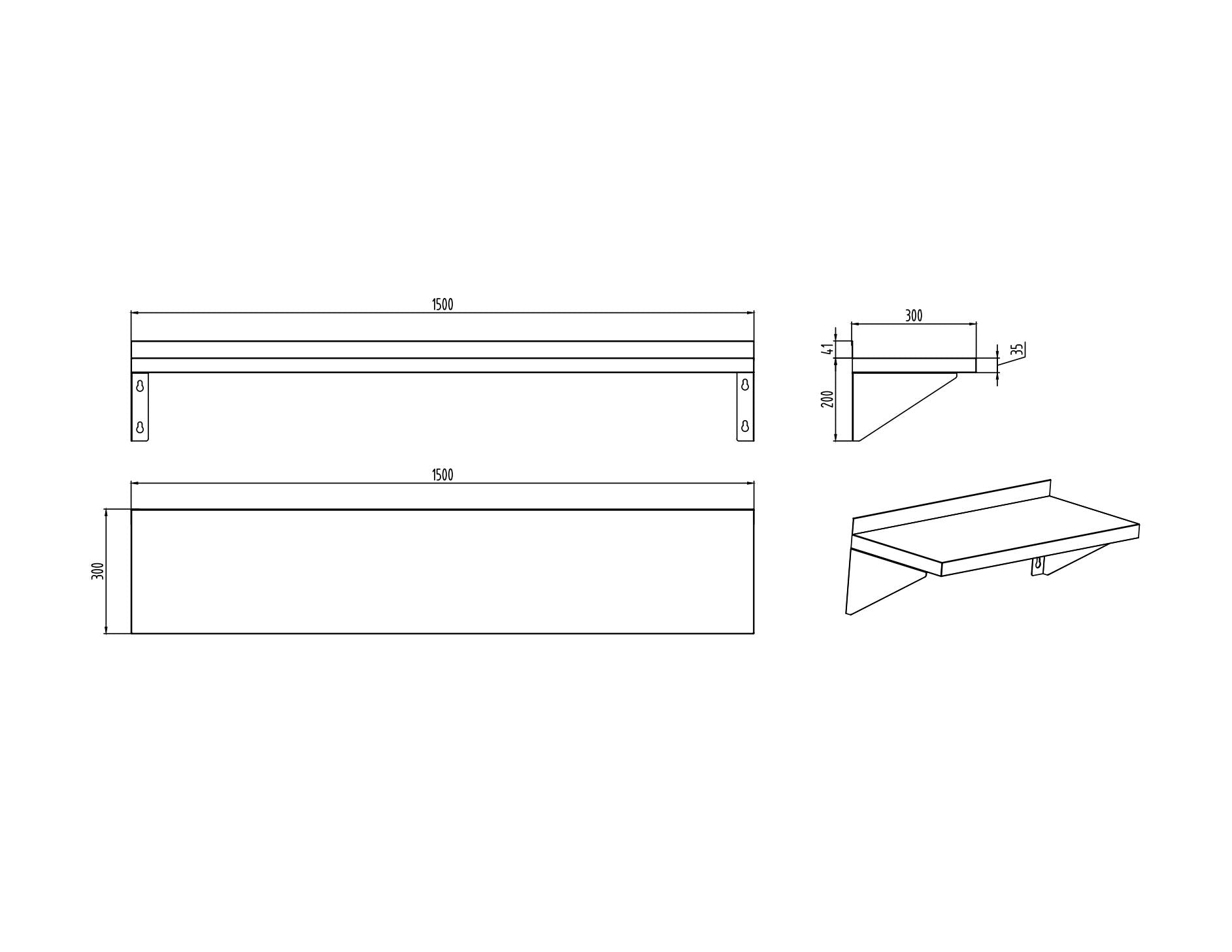 KitchenKnock Single Wall Shelf - flat Plate - AFF - 1500×300×200mm 415890 - Hospitality Connect