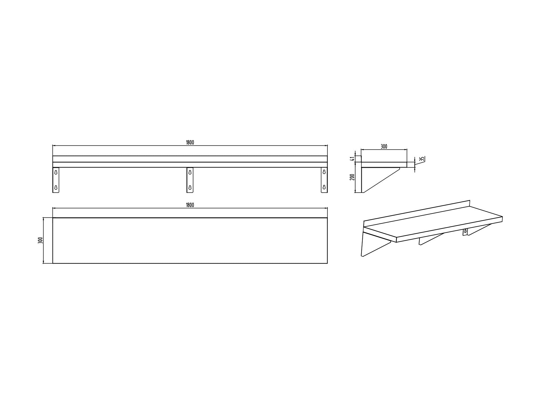 KitchenKnock Single Wall Shelf - flat Plate - AFF - 1800×300×200mm 415891 - Hospitality Connect