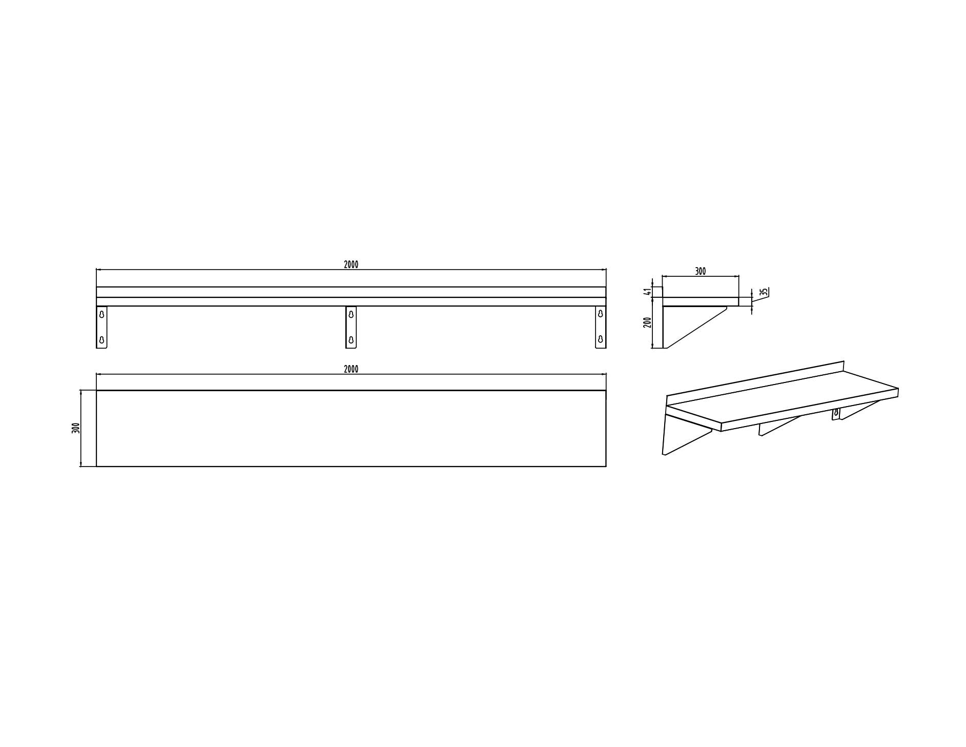 KitchenKnock Single Wall Shelf - flat Plate - AFF - 2000×300×200mm 415841 - Hospitality Connect