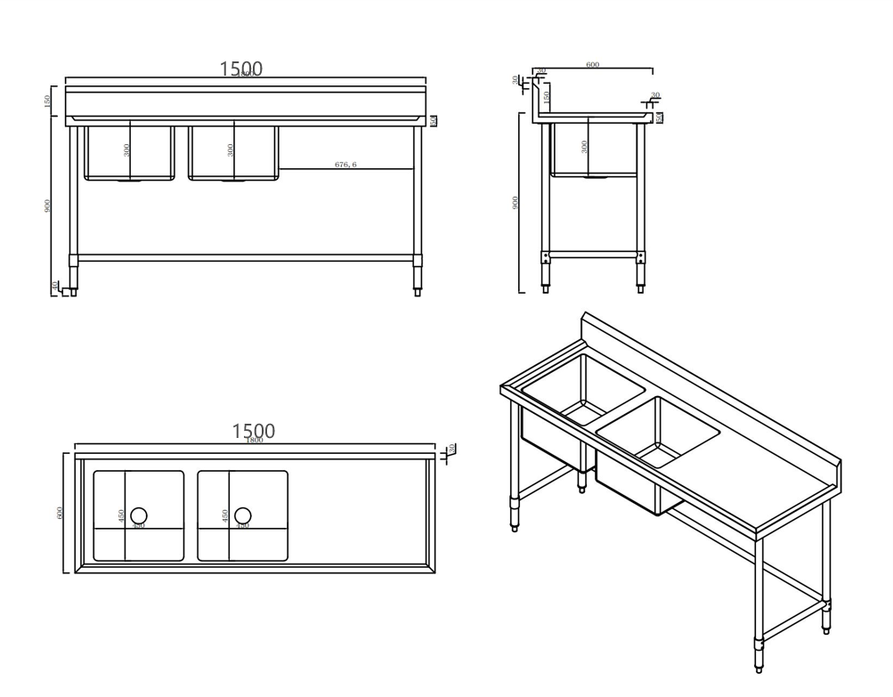 KitchenKnock Double Sink Bench With Splash Back - Double left Sink - 1500×600×900mm 620335