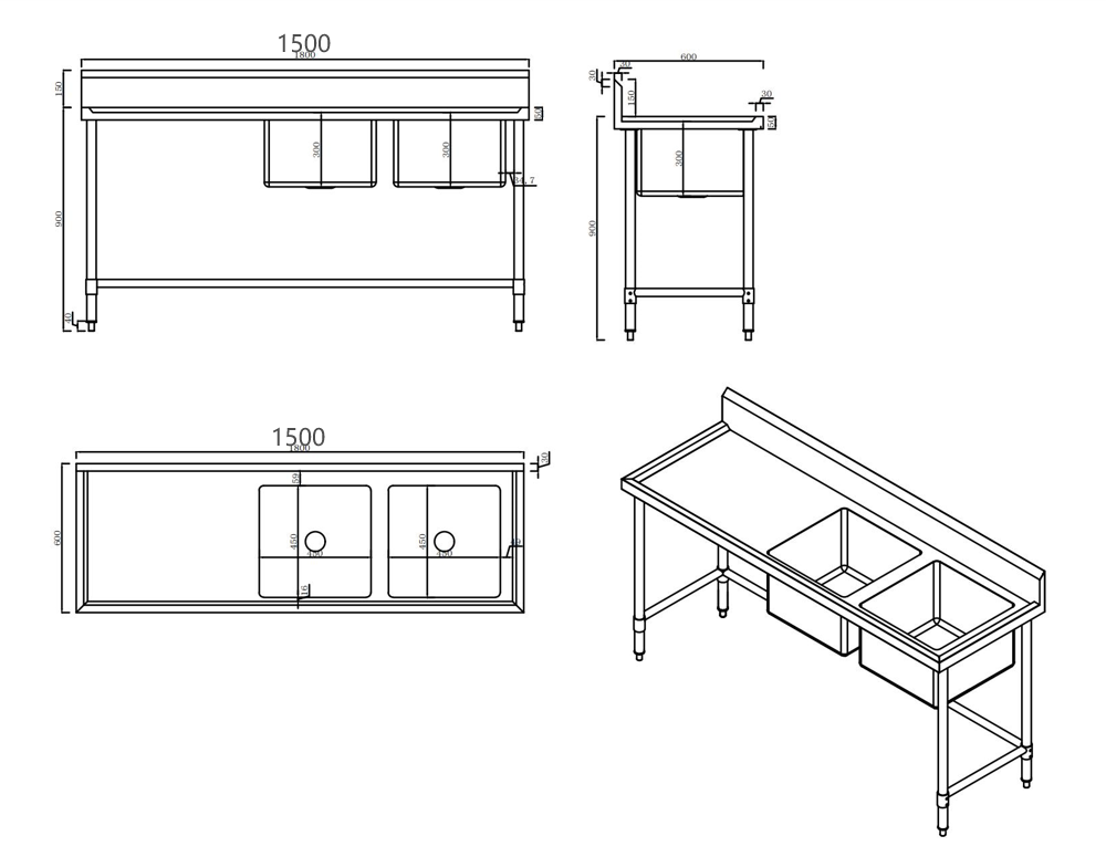 KitchenKnock Double Sink Bench With Splash Back - Double Right Sink - 1500×600×900mm 631568