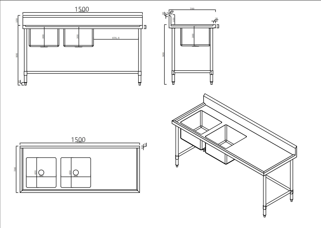 KitchenKnock Double Sink Bench With Splash Back - Double left Sink - 1500×700×900mm 631582