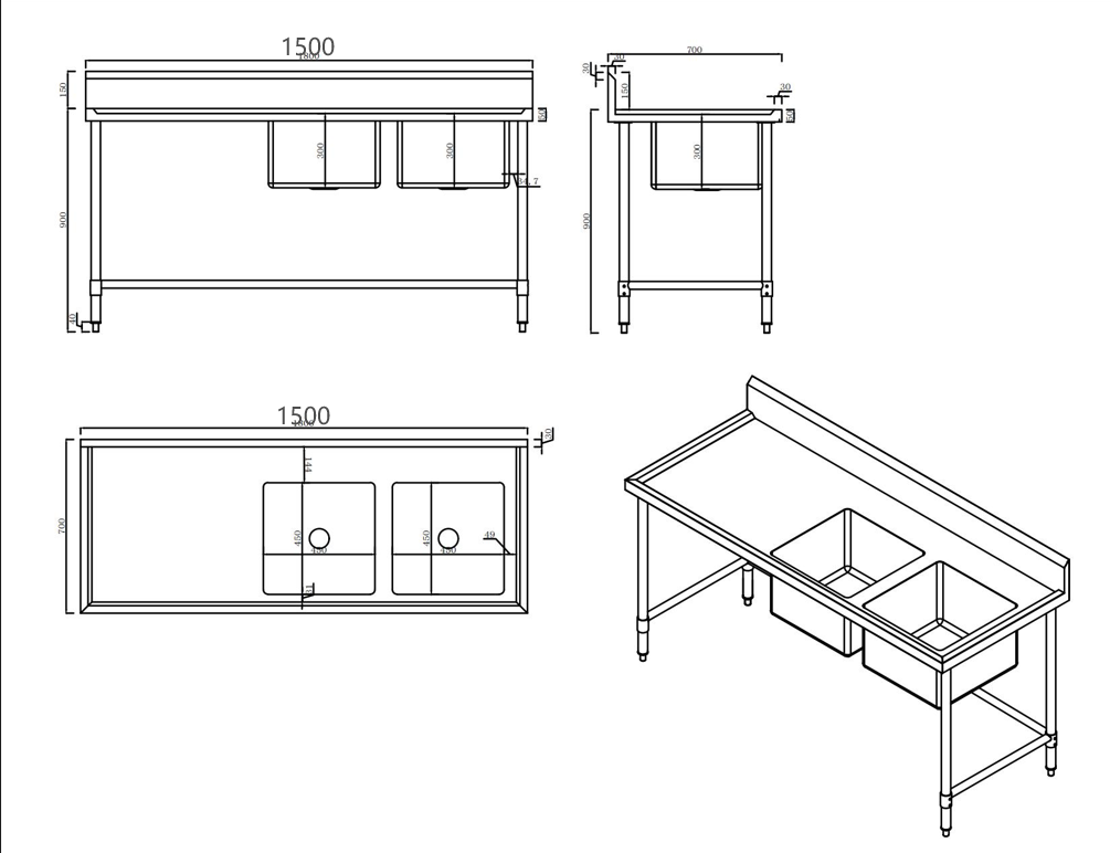 KitchenKnock Double Sink Bench With Splash Back - Double Right Sink - 1500×700×900mm 631606