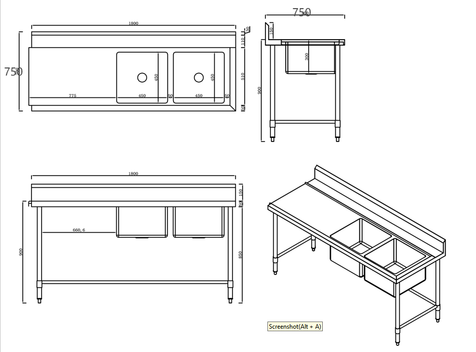 KitchenKnock Inlet Double Sink Bench with Splash Back - LR - 1800x750x900mm 632555
