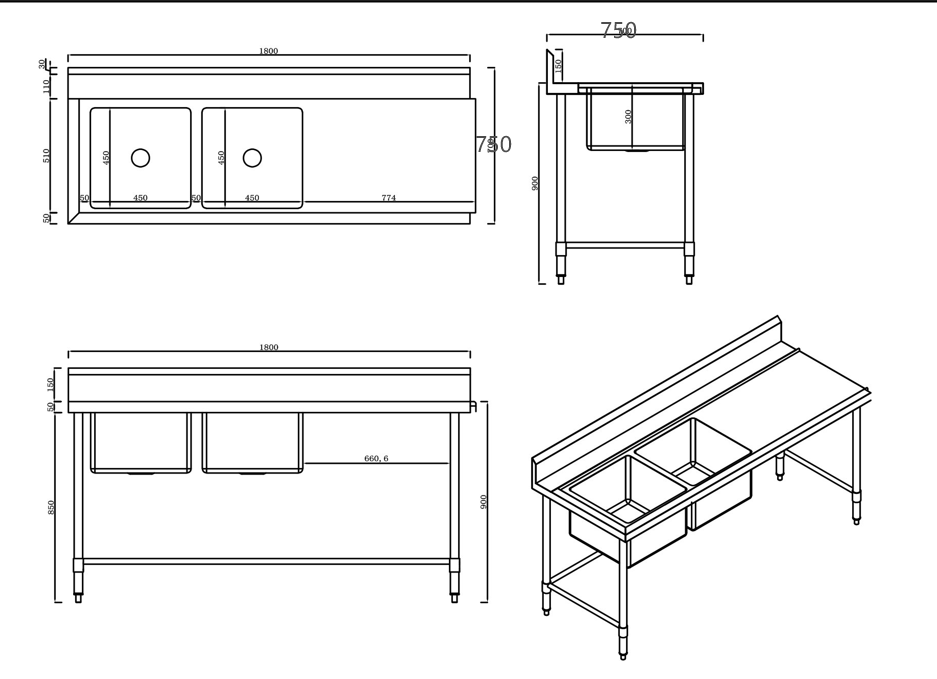 KitchenKnock Inlet Double Sink Bench with Splash Back - RL - 1800x750x900mm 632556