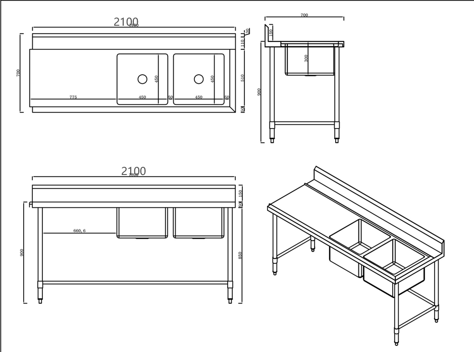 KitchenKnock Inlet Double Sink Bench with Splash Back - LR - 2100x700x900mm 631605