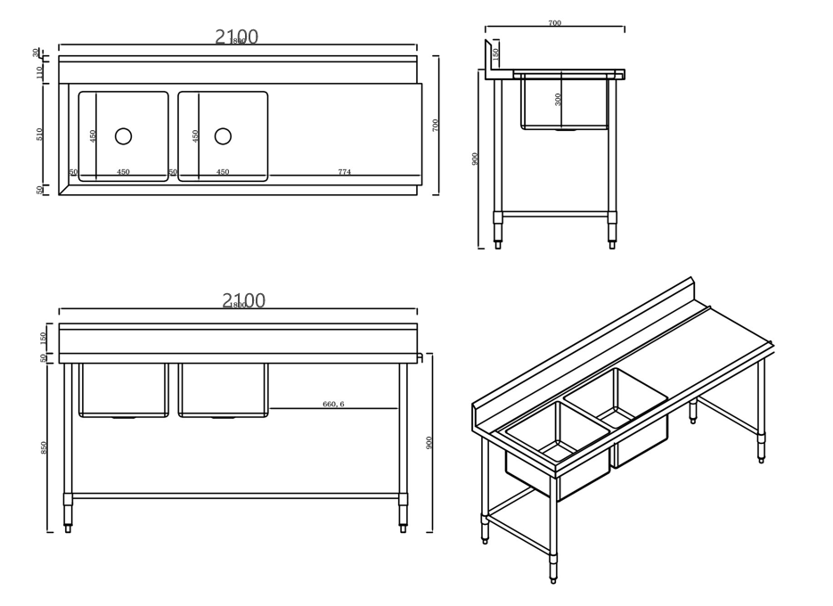KitchenKnock Inlet Double Sink Bench with Splash Back - RL - 2100x700x900mm 631572