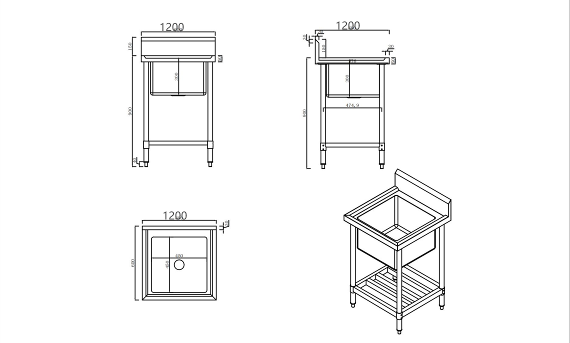 KitchenKnock Single Sink Bench - Center Sink - 600 Series - 1200×600×900mm 419940