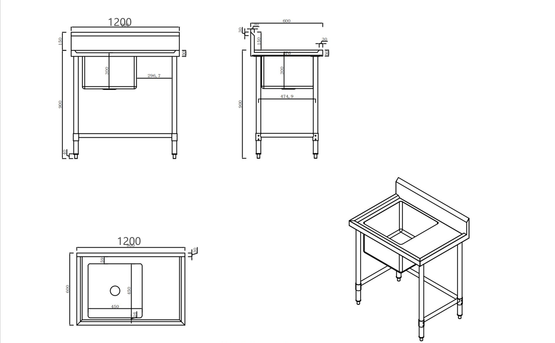 KitchenKnock Single Sink Bench - left Sink - 600 Series - 1200×600×900mm 419939