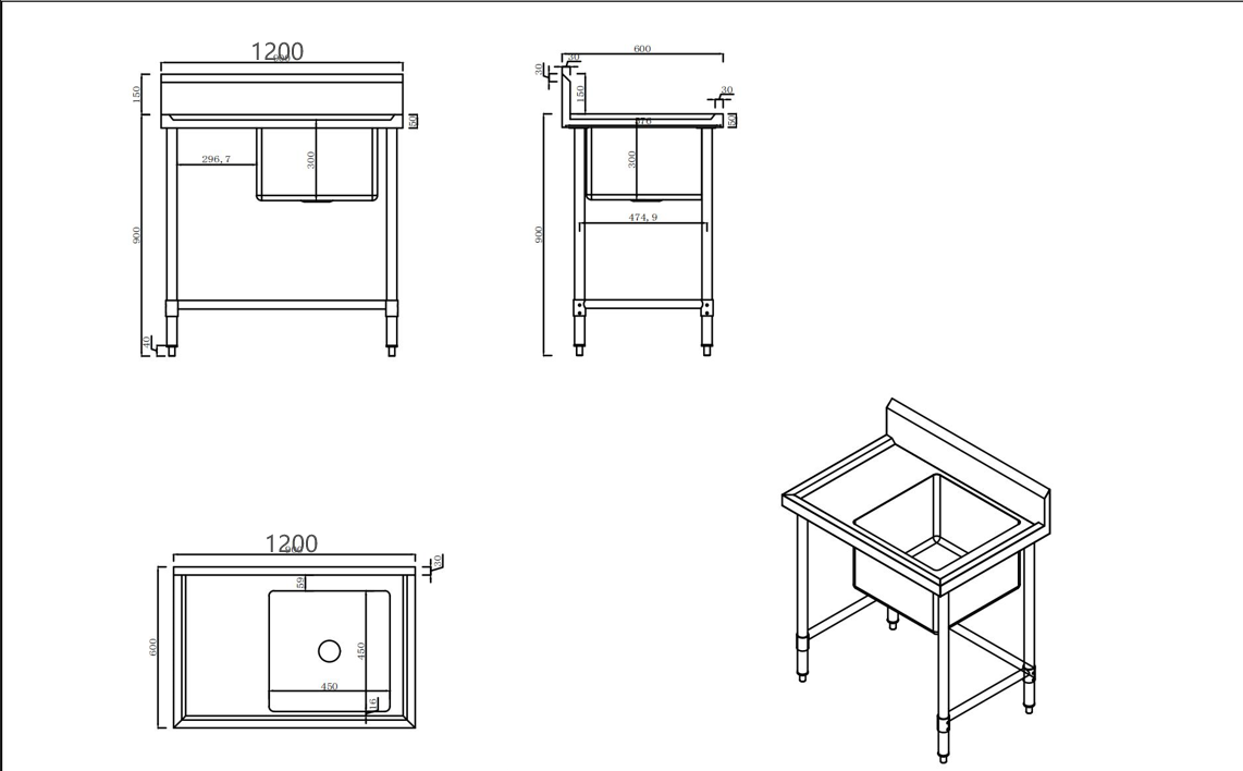 KitchenKnock Single Sink Bench - Right Sink - 600 Series - 1200×600×900mm 419941