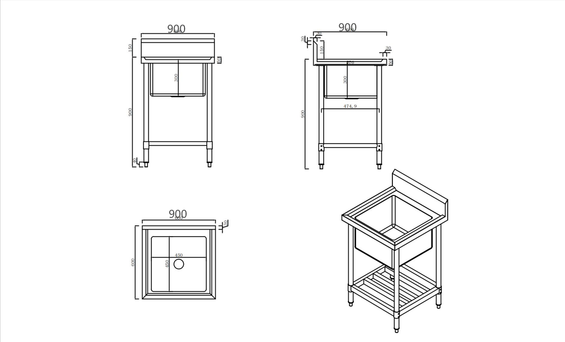 KitchenKnock Single Sink Bench - Center Sink - 600 Series - 900×600×900mm 631120
